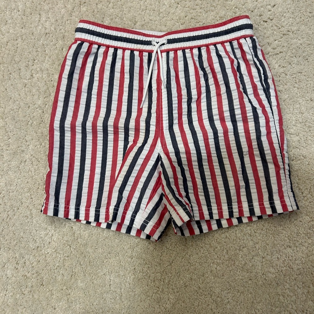 Janie and Jack Boy’s Striped Swim Trunks (Red, White, and Navy) in Size 10